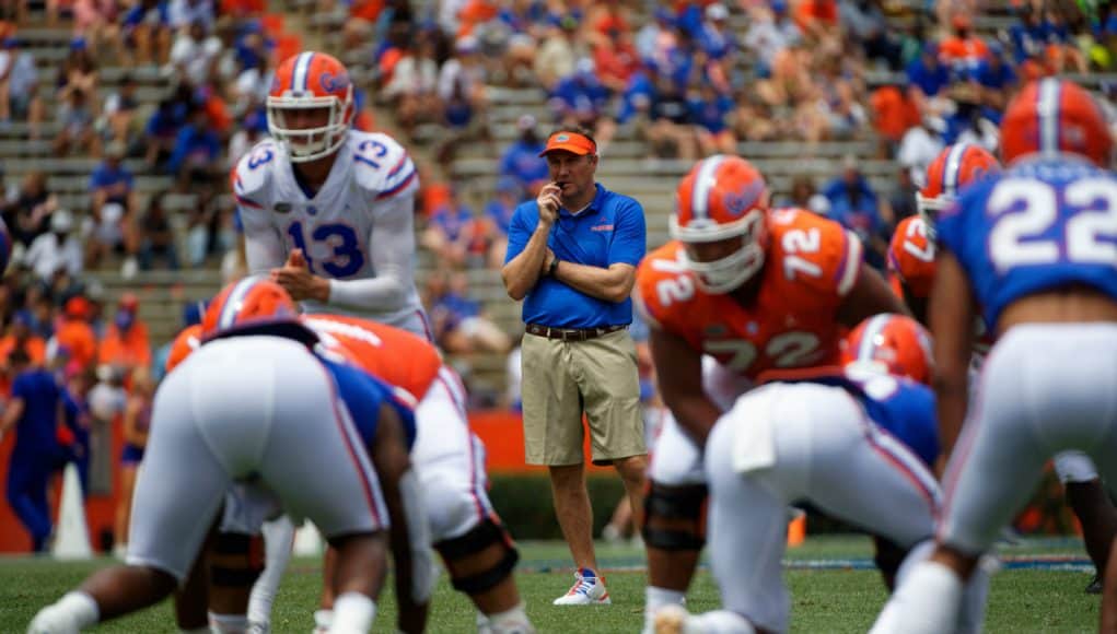 University of Florida head coach Dan Mullen watches as Feleipe Franks calls a play during the 2019 spring game- Florida Gators football- 1280x854