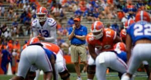 University of Florida head coach Dan Mullen watches as Feleipe Franks calls a play during the 2019 spring game- Florida Gators football- 1280x854
