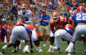University of Florida head coach Dan Mullen watches as Feleipe Franks calls a play during the 2019 spring game- Florida Gators football- 1280x854