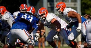University of Florida offensive lineman Brett Heggie going through drills during spring football practice- Florida Gators football- 1280x853