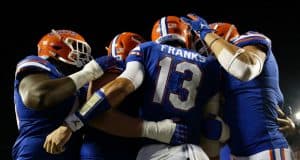 University of Florida quarterback Feleipe Franks celebrates with teammates after scoring a touchdown to put Florida up 24-20 over Miami- Florida Gators football-1280x853