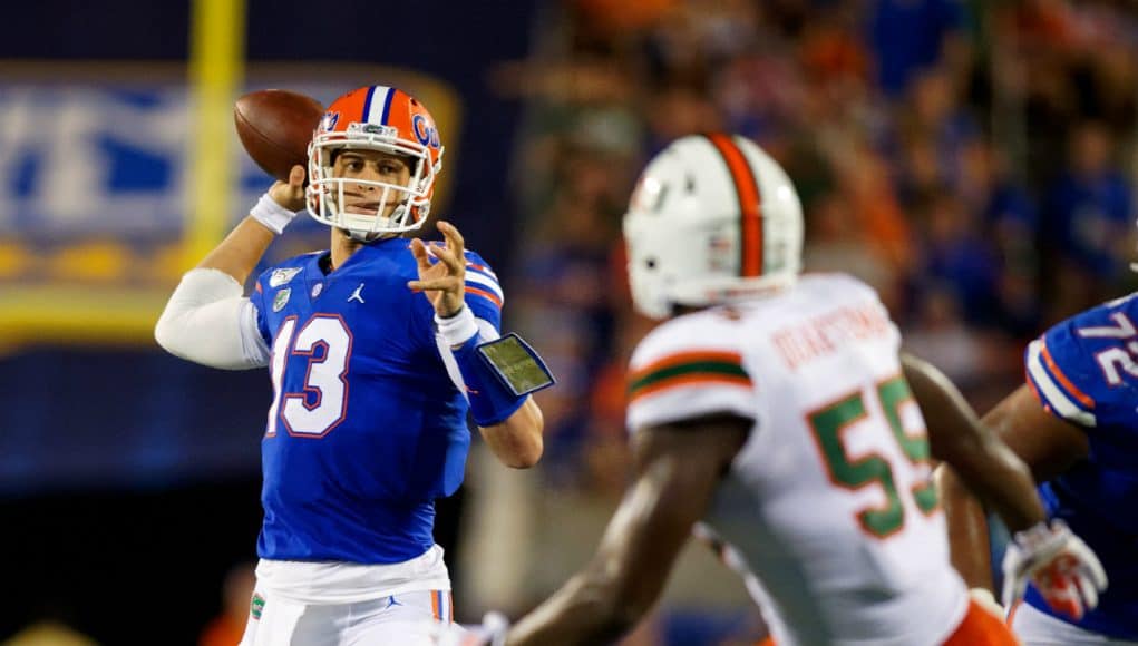 University of Florida quarterback Feleipe Franks throws a pass against the Miami Hurricanes- Florida Gators football- 1280x853