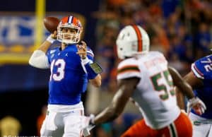 University of Florida quarterback Feleipe Franks throws a pass against the Miami Hurricanes- Florida Gators football- 1280x853