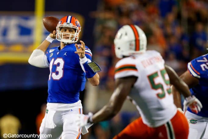 University of Florida quarterback Feleipe Franks throws a pass against the Miami Hurricanes- Florida Gators football- 1280x853