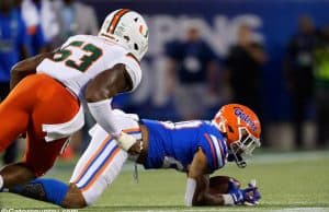 University of Florida running back Malik Davis falls down on a fumble in the second quarter against Miami- Florida Gators football- 1280x853