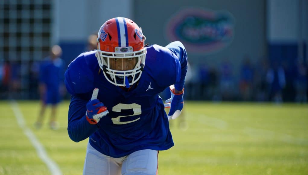 University of Florida safety Brad Stewart warming up before the Florida Gators practice in spring 2019- Florida Gators football- 1280x853