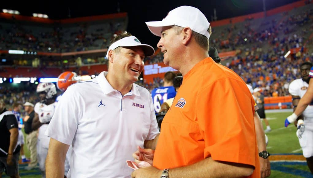 Florida Gators head coach Dan Mullen and UT Martin Skyhawks head coach Jason Simpson post-game handshake- Florida Gators football- 1280x852