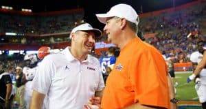 Florida Gators head coach Dan Mullen and UT Martin Skyhawks head coach Jason Simpson post-game handshake- Florida Gators football- 1280x852