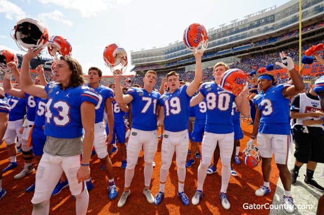 Florida Gators place kicker Evan McPherson and the team celebrate a win over Tennessee- 1280x852