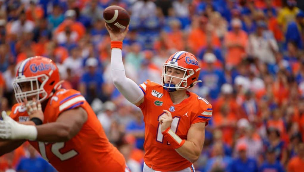 Florida Gators quarterback Kyle Trask throws a touchdown against Towson- 1280x853