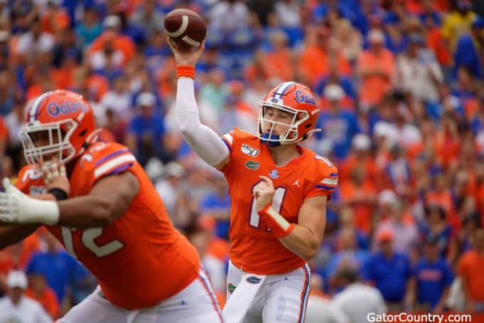 Florida Gators quarterback Kyle Trask throws a touchdown against Towson- 1280x853