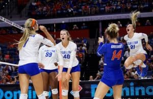 Florida Gators volleyball celebrates a point in 2019- 1280x853