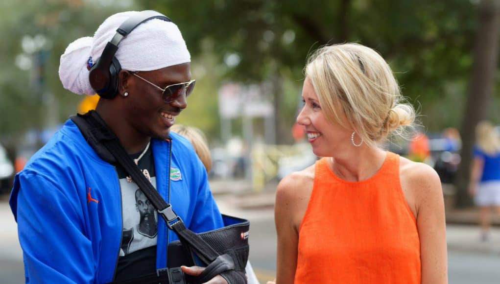 Florida Gators wide receiver Kadarius Toney talks with Megan Mullen before the Towson game- 1280x853