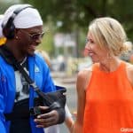 Florida Gators wide receiver Kadarius Toney talks with Megan Mullen before the Towson game- 1280x853