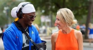 Photo Gallery: Gator Walk before the Florida Gators take on Towson Florida Gators wide receiver Kadarius Toney talks with Megan Mullen before the Towson game- 1280x853