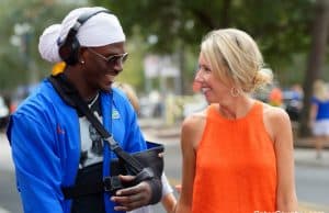 Florida Gators wide receiver Kadarius Toney talks with Megan Mullen before the Towson game- 1280x853