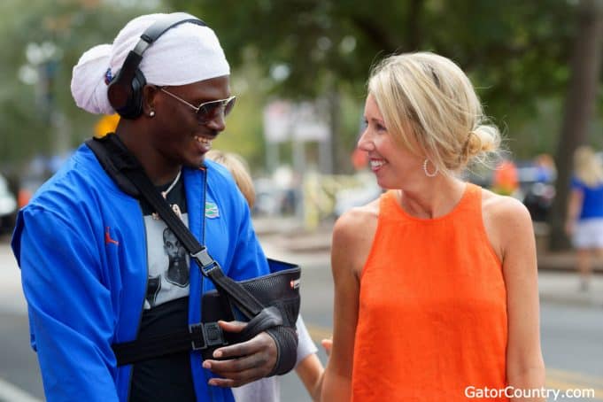 Florida Gators wide receiver Kadarius Toney talks with Megan Mullen before the Towson game- 1280x853