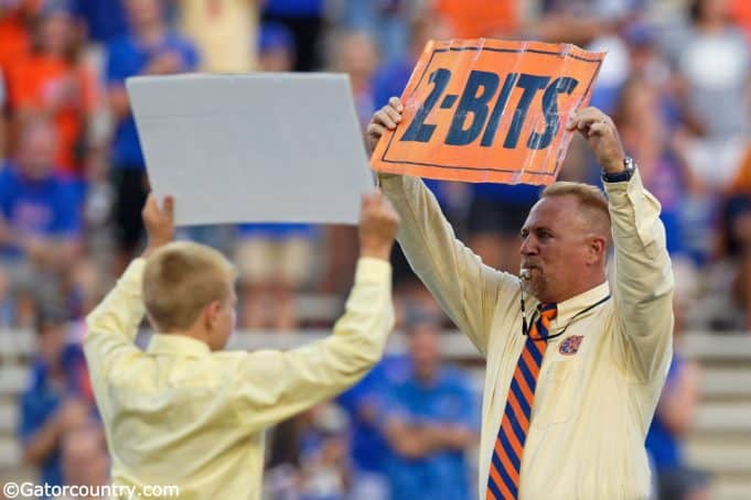 George Edmondson’s grandchildren lead Ben Hill Griffin in the Mr. Two Bits cheer in before the Gators’ game against UT Martin in honor of their grandfather- Florida Gators football- 1280x853