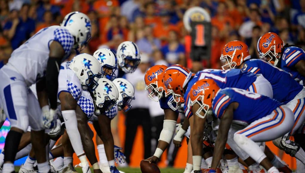 The Florida Gators offense lines up for a play against the Kentucky wildcats in 2018- Florida Gators football- 1280x853