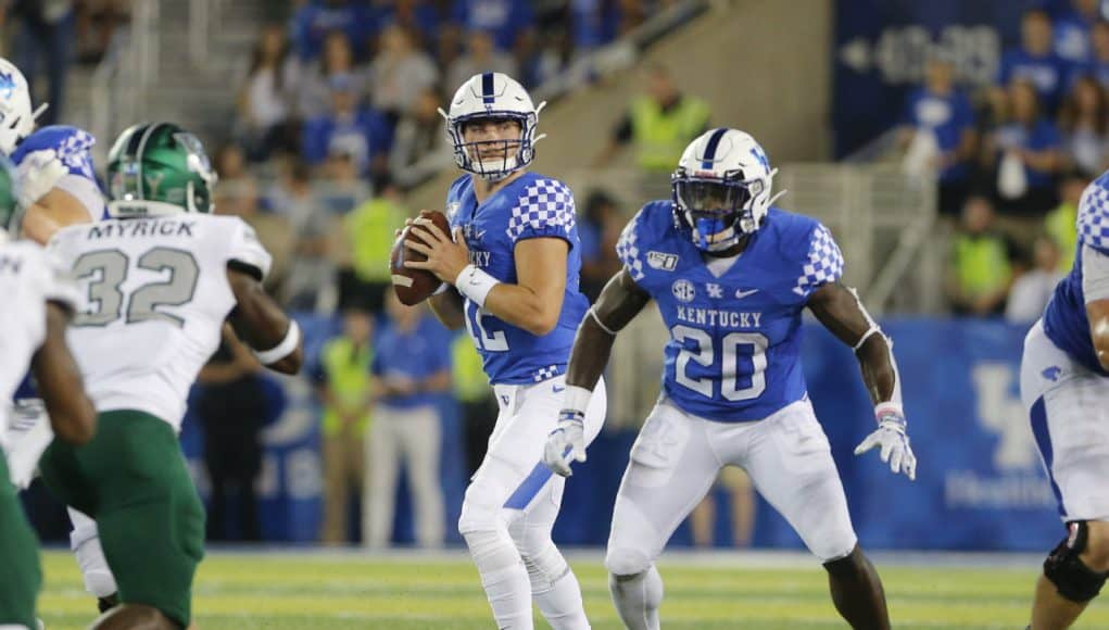 Sep 7, 2019; Lexington, KY, USA; Kentucky Wildcats quarterback Sawyer Smith (12) passes the ball against the Eastern Michigan Eagles at Kroger Field. Mandatory Credit: Mark Zerof-USA TODAY Sports