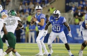 Sep 7, 2019; Lexington, KY, USA; Kentucky Wildcats quarterback Sawyer Smith (12) passes the ball against the Eastern Michigan Eagles at Kroger Field. Mandatory Credit: Mark Zerof-USA TODAY Sports