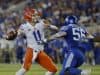 Sep 14, 2019; Lexington, KY, USA; Florida Gators quarterback Kyle Trask (11) passes the ball against the Kentucky Wildcats linebacker Kash Daniel (56) in the 3rd quarter at Kroger Field. Mandatory Credit: Mark Zerof-USA TODAY Sports