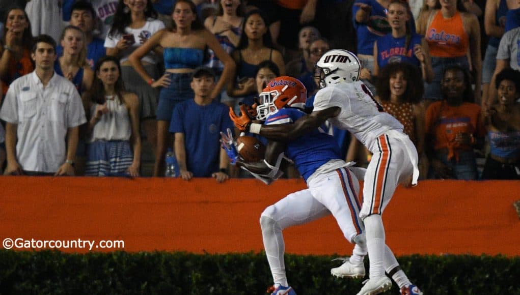 University of Florida cornerback Kaiir Elam intercepts a pass from UTM quarterback John Bachus- Florida Gators football- 1280x853