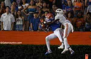 University of Florida cornerback Kaiir Elam intercepts a pass from UTM quarterback John Bachus- Florida Gators football- 1280x853