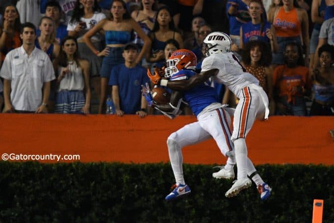 University of Florida cornerback Kaiir Elam intercepts a pass from UTM quarterback John Bachus- Florida Gators football- 1280x853