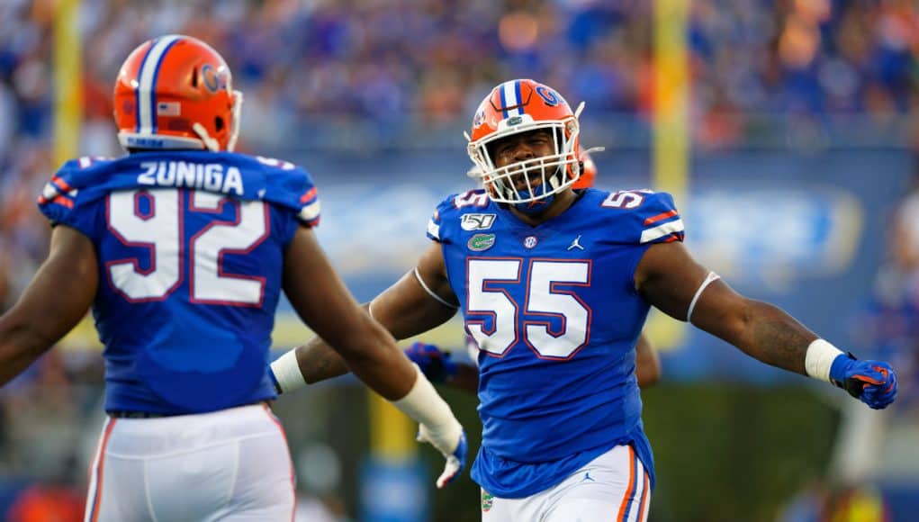 University of Florida defensive linemen Jabari Zuniga and Kyree Campbell celebrate a sack against Miami- Florida Gators football- 1280x853