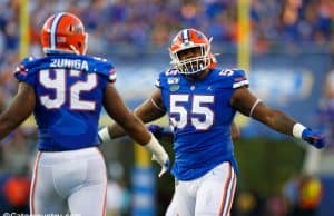 University of Florida defensive linemen Jabari Zuniga and Kyree Campbell celebrate a sack against Miami- Florida Gators football- 1280x853