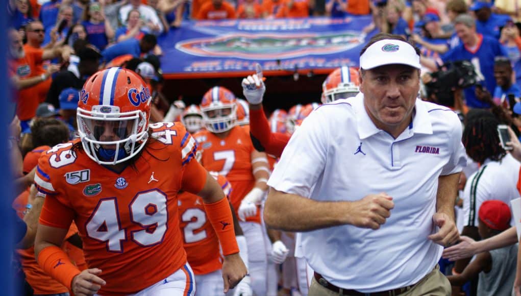 University of Florida head coach Dan Mullen leads the Florida Gators on to the field to take on the Towson Tigers- Florida Gators football- 1280x853