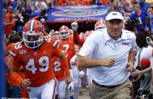 University of Florida head coach Dan Mullen leads the Florida Gators on to the field to take on the Towson Tigers- Florida Gators football- 1280x853