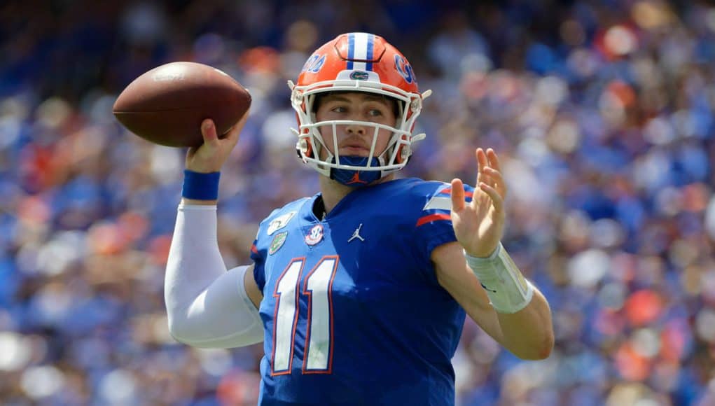 University of Florida quarterback Kyle Trask throws a pass in a win over the Tennessee Volunteers- Florida Gators football- 1280x854