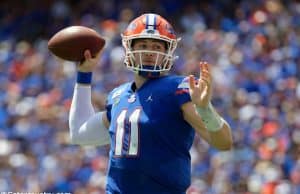 University of Florida quarterback Kyle Trask throws a pass in a win over the Tennessee Volunteers- Florida Gators football- 1280x854