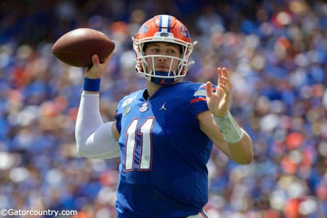 University of Florida quarterback Kyle Trask throws a pass in a win over the Tennessee Volunteers- Florida Gators football- 1280x854