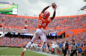 University of Florida tight end Kyle Pitts soars high to haul in his second touchdown in a 38-0 win over Towson- Florida Gators football- 1280x852