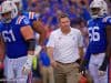 Dan Mullen reacts after an Auburn defender is pushed into Kyle Trask resulting in a MCL sprain for the quarterback- Florida Gators football- 1280x853