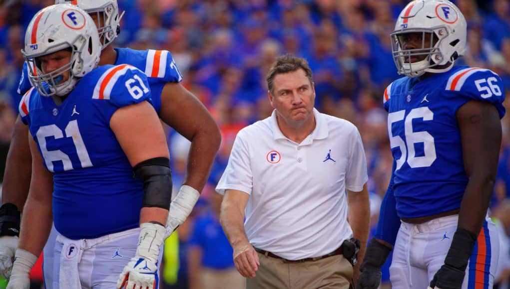 Dan Mullen reacts after an Auburn defender is pushed into Kyle Trask resulting in a MCL sprain for the quarterback- Florida Gators football- 1280x853