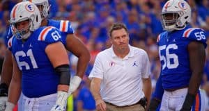 Dan Mullen reacts after an Auburn defender is pushed into Kyle Trask resulting in a MCL sprain for the quarterback- Florida Gators football- 1280x853