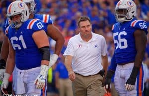 Dan Mullen reacts after an Auburn defender is pushed into Kyle Trask resulting in a MCL sprain for the quarterback- Florida Gators football- 1280x853