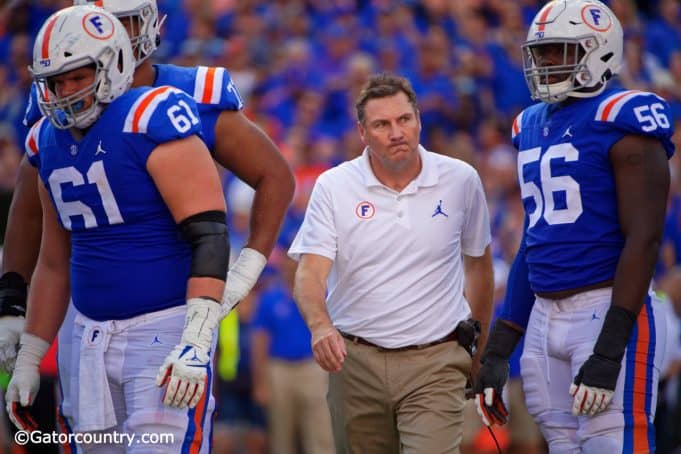 Dan Mullen reacts after an Auburn defender is pushed into Kyle Trask resulting in a MCL sprain for the quarterback- Florida Gators football- 1280x853