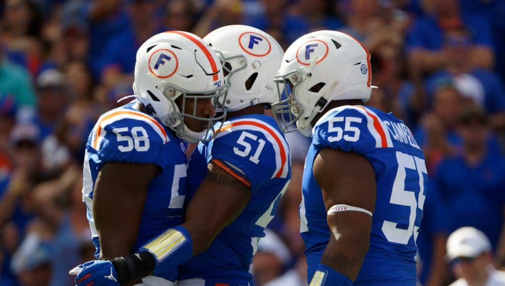 Florida Gators defense celebrates a sack against Auburn- 1280x853