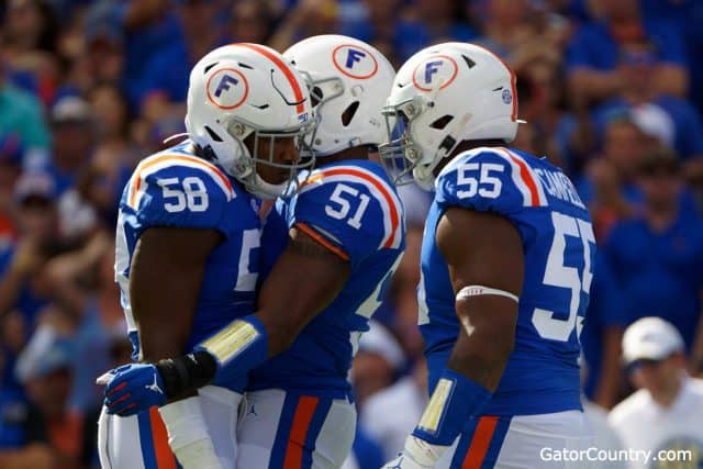 Florida Gators defense celebrates a sack against Auburn- 1280x853