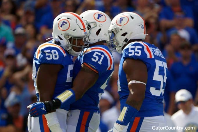 Florida Gators defense celebrates a sack against Auburn- 1280x853