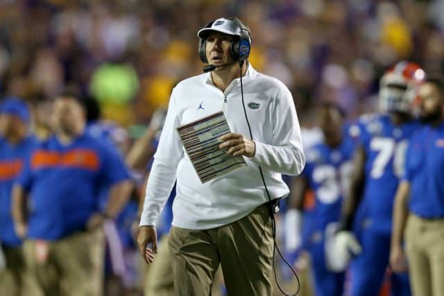 Florida Gators head coach Dan Mullen looks on during the LSU game- 1280x854