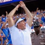 Florida Gators head coach Dan Mullen pumps the crowd before the Auburn game-1280x852