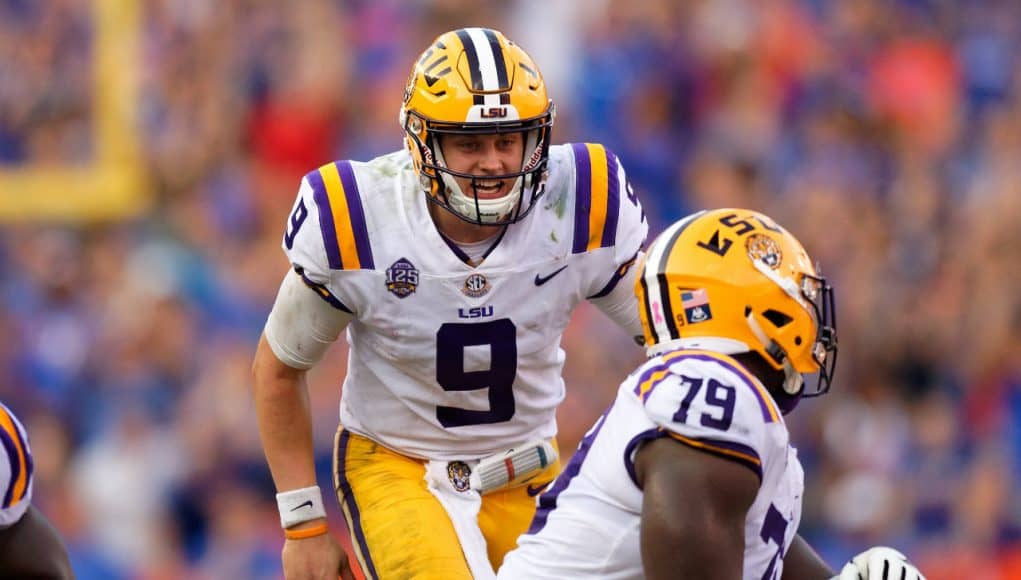 LSU quarterback Joe Burrow calling our protection changes to his offensive line in a loss in Gainesville in 2018- Florida Gators football- 1280x853