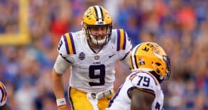 LSU quarterback Joe Burrow calling our protection changes to his offensive line in a loss in Gainesville in 2018- Florida Gators football- 1280x853