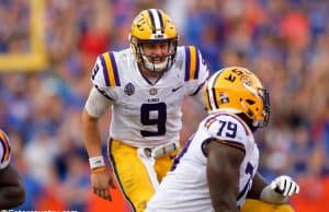 LSU quarterback Joe Burrow calling our protection changes to his offensive line in a loss in Gainesville in 2018- Florida Gators football- 1280x853